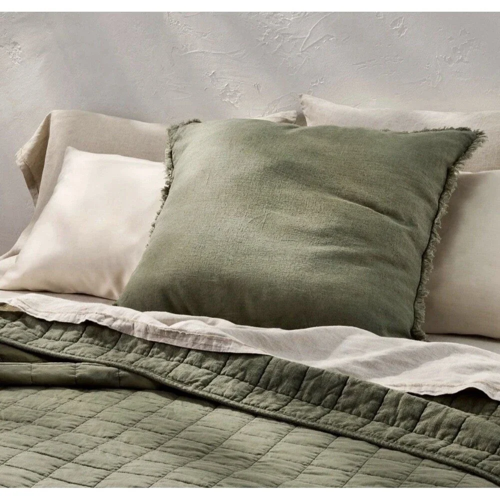 SET OF TWO Casaluna Euro Heavyweight Linen Blend Throw Pillows Olive Green NEW
